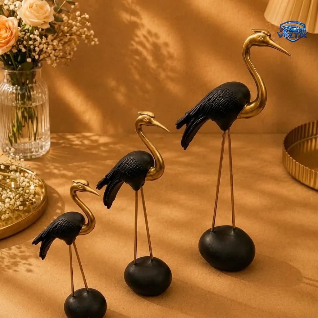 طقم تماثيل طائر الكركي المعدني – لمسة فخامة ذهبية وسوداء 2